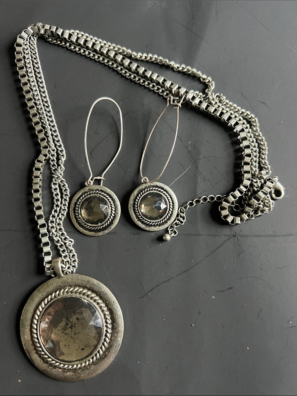 32” Classic Silver-Tone Pendant Necklace & Drop Earrings Set - Gray Crystal-
